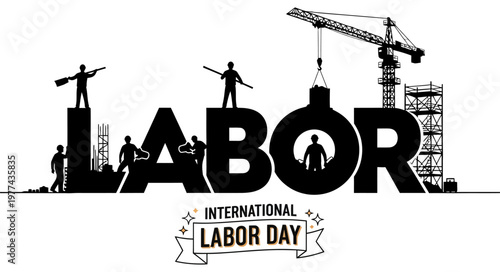 Title international labor day illustration workers and construction in silhouette description a black and white illustration depicting construction workers and a crane