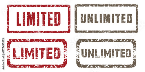 Grunge limited and unlimited text stamp labels set for business usage vector illustration.