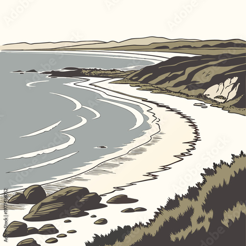 Illustration of a serene beach landscape with rolling waves and rugged shoreline on a non