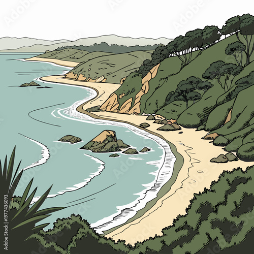 A serene beach scene with lush green hills and trees surrounding a sandy shore with waves gently lapping at the coastline