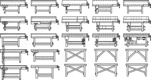 A collection of various workbench designs showcasing the evolution of craftsmanship and function, highlighting the essence of woodworking.