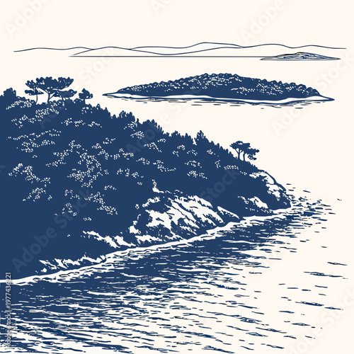 Illustration of a serene coastal landscape with trees on rocky shores and islands in the distance in blue tones