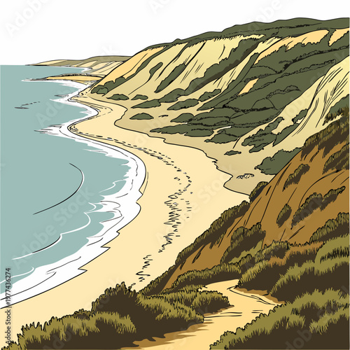 A serene beach scene with a sandy shore and green hills, waves gently lapping at the coastline, with a clear sky above