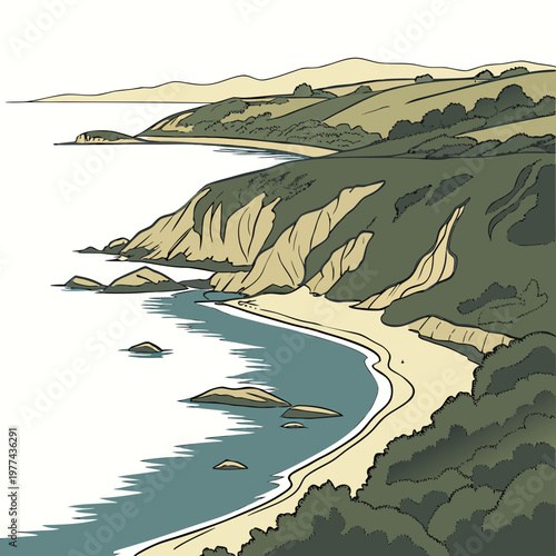Illustration of a serene coastal landscape with cliffs and beach by the ocean