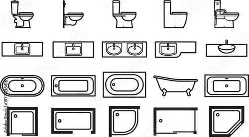 Collection of minimalist bathroom fixtures outlines presented in a visually organized arrangement.