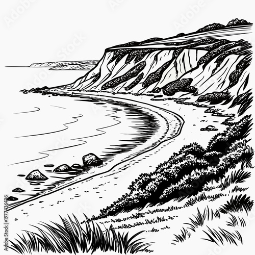 Black and white illustration of a serene coastal landscape with cliffs, beach, and ocean waves
