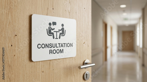 Consultation room sign on wooden door in hospital corridor with blurred background, medical office for patient discussion and healthcare advice