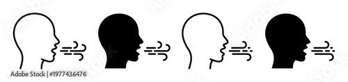 Breathing symptom icon set. Human head profile with airflow, inhale, exhale and cough signs. Respiratory concept outline pictograms for medical, air quality and health communication. 