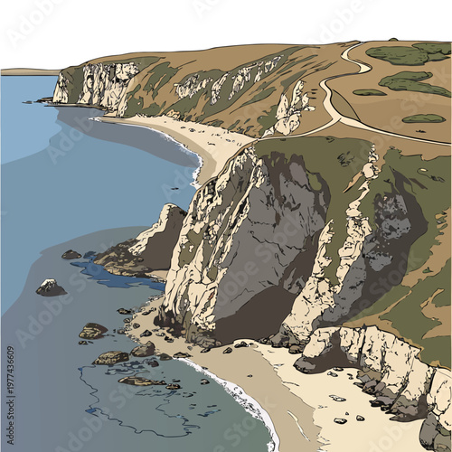 Illustration of a scenic coastline with cliffs, beach, and ocean, featuring a winding road on top of the cliff