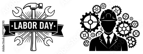 Labor day illustration tools gears and a worker's portrait in black and white