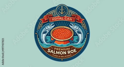 Packaging design label for premium salmon roe featuring fish and an anchor on a simple background