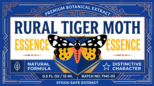 Packaging design for Rural Tiger Moth essence in blue and yellow colors with an insect illustration and detailed text layout