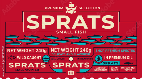 Premium selection sprats small fish packaging design label in SVG vector format for food products