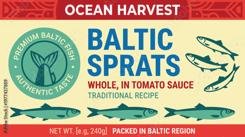 Ocean Harvest Baltic Sprats label design shows fish in tomato sauce with traditional recipe details