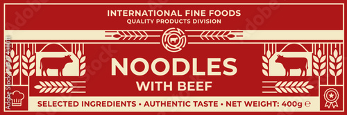 Design of packaging label for noodles with beef made by International Fine Foods