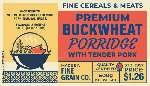 Premium buckwheat porridge with tender pork packaging design vector for fine cereals and meats