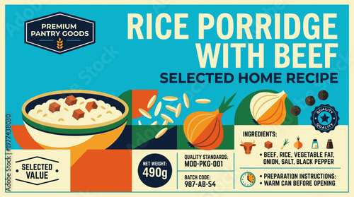 Rice porridge with beef packaging design for a home recipe featuring selected ingredients and clear instructions
