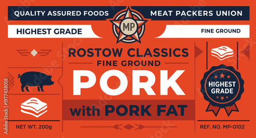 Design of a packaging label for fine ground pork with pork fat for Rostow Classics brand in red color