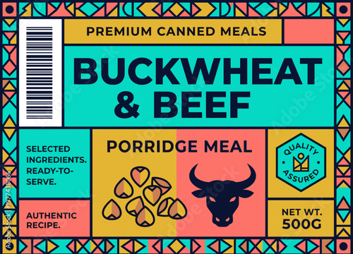 Packaging design for buckwheat and beef canned meal with colorful label and clear information displayed