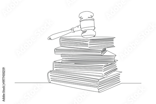 Continuous one line art of judge gavel on top of 5 stacks of thick books. The case file is ready. Law Day.