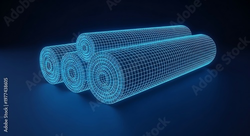 Blue glowing wireframe cylinders stacked against a dark background, futuristic digital art