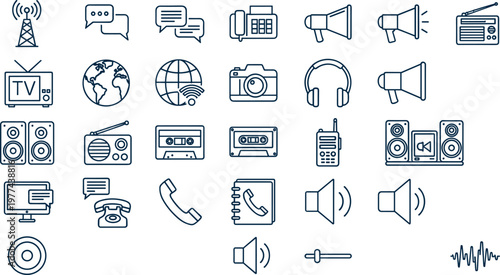 Communication and media technology icon set vector illustration including radio speaker phone tv camera and audio symbols isolated on transparent background