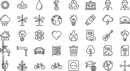 Sustainability science and technology line icon set vector illustration including energy recycling weather education and innovation symbols isolated on transparent background