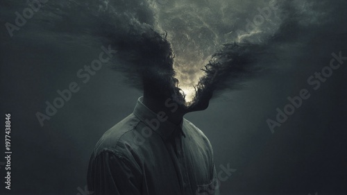 Man with disintegrating head revealing nebula and cosmic smoke. Surreal art representing mental disorder, psychological struggle and complex inner state. Concept of emptiness and mind.