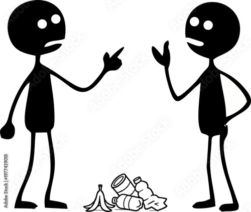 Angrily pointing at another stick figure who has just thrown trash on the ground