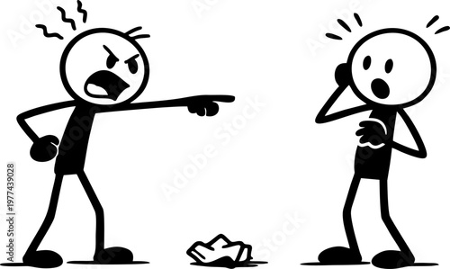 Angrily pointing at another stick figure who has just thrown trash on the ground
