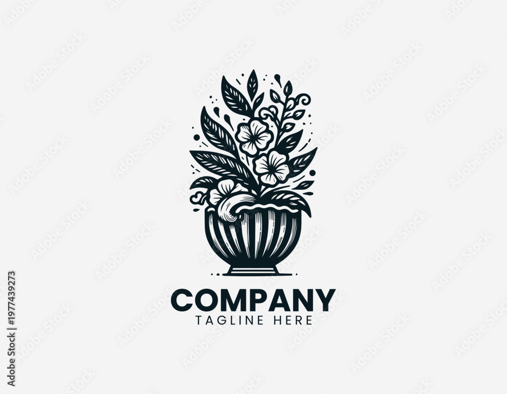 Fototapeta premium Seashell with blooming flowers is illustrated in clean detailed botanical line vector logo style on white background