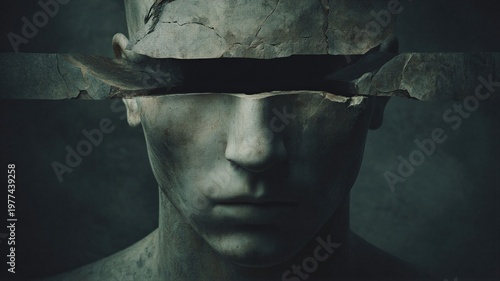 Cracked stone head of a man representing mental health struggle. Abstract sculpture depicting fractured psychology, depression and emotional breakdown. Surreal concept of broken inner mind.