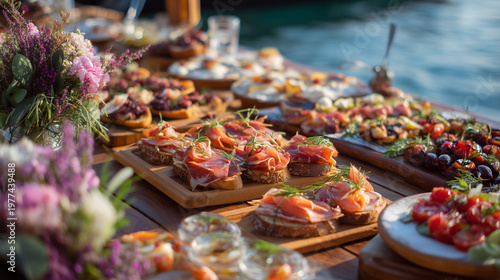 Fiestas de Santiago Apostol, Colorful Selection of Gourmet Tapas and Canapes Displayed on Outdoor Table During Fiestas de Santiago Apostol Culinary Festival Event