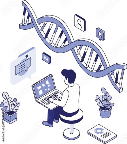 Isometric Illustration of a Scientist Analyzing Genetic Data and DNA Sequencing on a Laptop, Bioinformatics and Biotechnology Concept Design