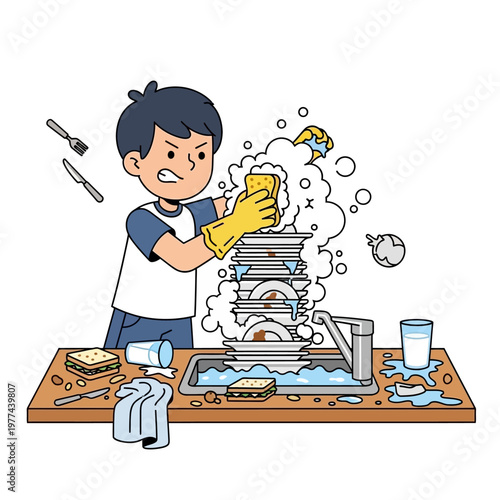 Frustrated Kid Washing Dishes in a Messy Kitchen Sink