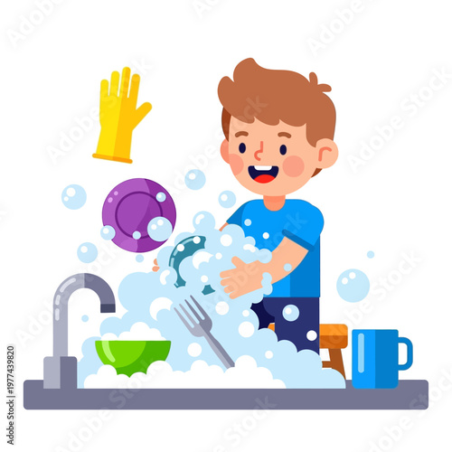 Happy boy washing dishes in kitchen sink with bubbles and yellow glove