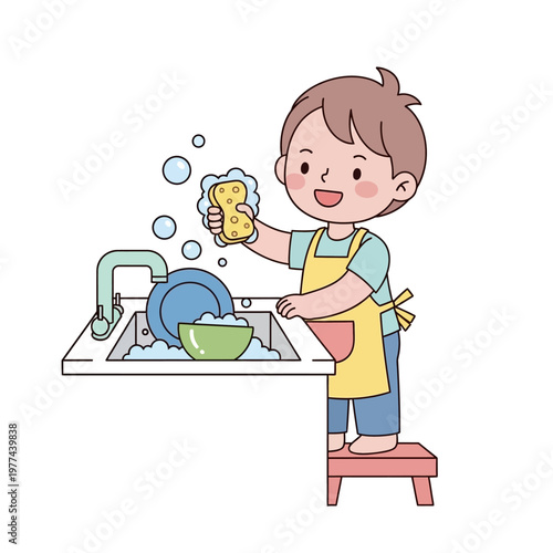 Happy Boy Washing Dishes in Kitchen Sink, Cartoon Style