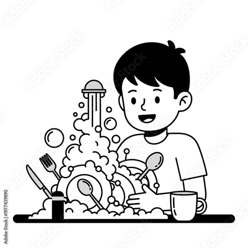 Happy boy washing dishes, doing chores, with soap bubbles and clean tableware