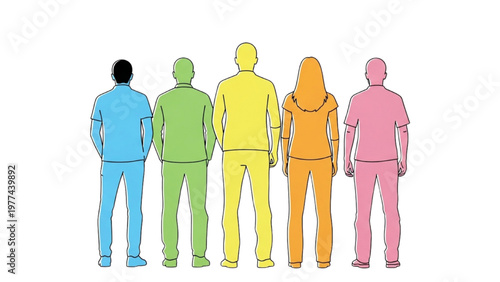 Vector illustration of diverse people standing in line wearing colorful scrubs