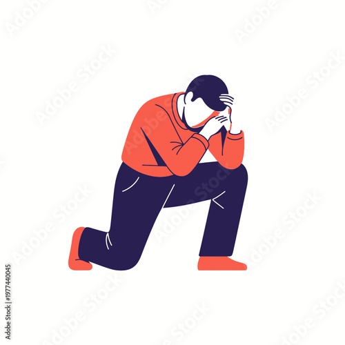 Man kneeling, head in hands, conveying distress, despair, or intense prayer.
