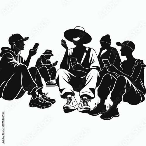 Modern friends hanging out together silhouette capturing casual urban lifestyle bonding laughter social connection minimal clean vector illustration style