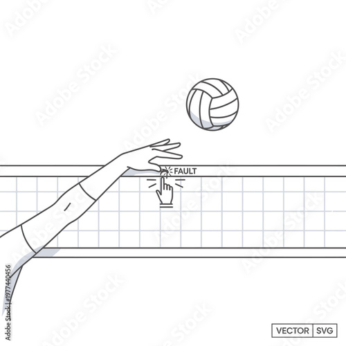 Volleyball player's hand spiking ball over net, cursor indicates fault