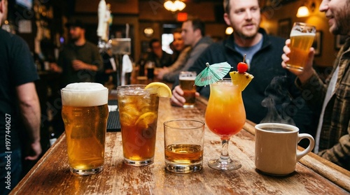Group of people enjoying various drinks on a wooden table indoors