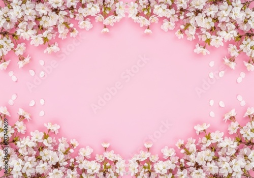 Cherry blossom flowers frame on a soft pink background
