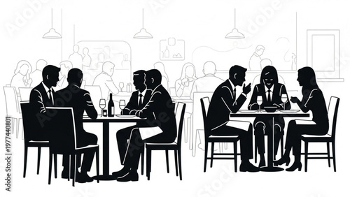 Businesspeople meeting in a modern café with vector CAD designs