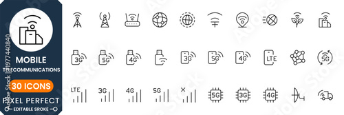 Telecommunications icon set featuring mobile network, wireless signal, internet connectivity, telecom technology, data transmission symbols