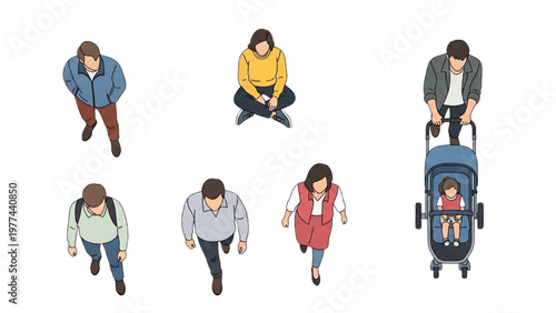 People walking vector illustration in urban setting with stroller and CAD designs