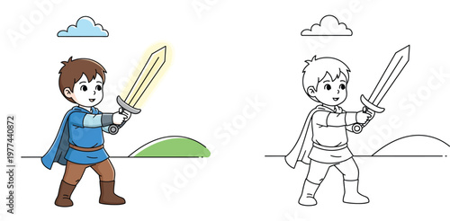 Cute Little Knight Boy with Glowing Sword Vector Illustration and Line Art Coloring Page for Kids Fantasy Adventure and Role Play Concept