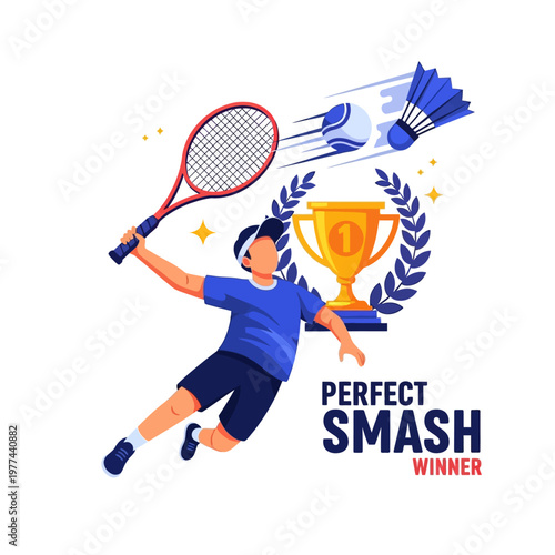 Athlete Smashing Tennis Ball and Shuttlecock with Trophy and Laurel Wreath