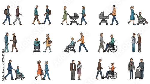 Diverse people walk with strollers and wheelchairs in vector CAD illustrations